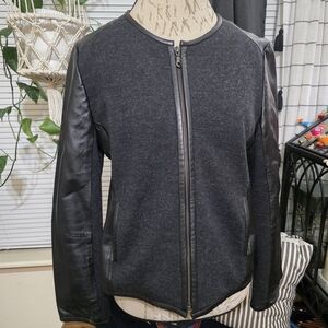 Eileen Fisher Charcoal and Black Vegan Leather Wool Silk Blend Jacket